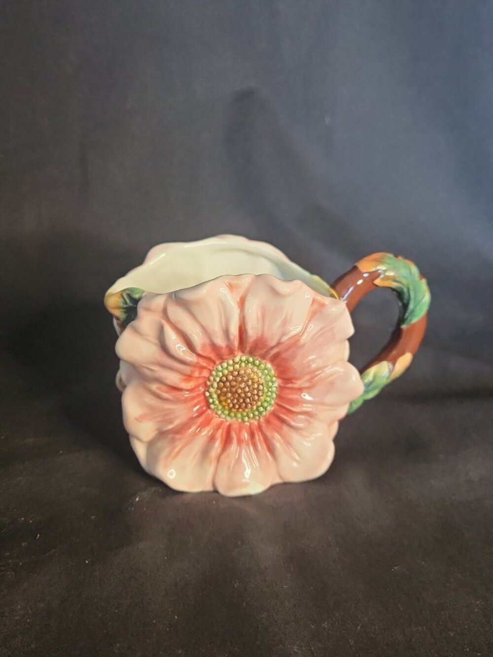 Vintage Floral Shaped Garden Creamer Pink Flower Branch Handle Planter or Vase